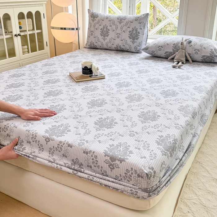 91家纺网 家纺一手货源 找家纺 韩巢家纺 2025新款全棉纯棉田园小清新花卉老粗布席子凉席夏季凉席席子床笠款床套 花开富贵-灰