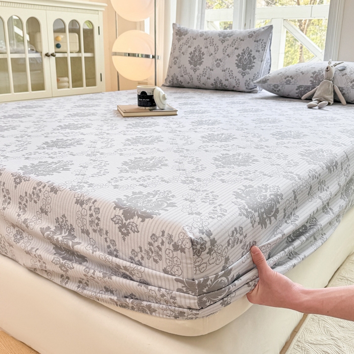 91家纺网 家纺一手货源 找家纺 韩巢家纺 2025新款全棉纯棉田园小清新花卉老粗布席子凉席夏季凉席席子床笠款床套 花开富贵-灰