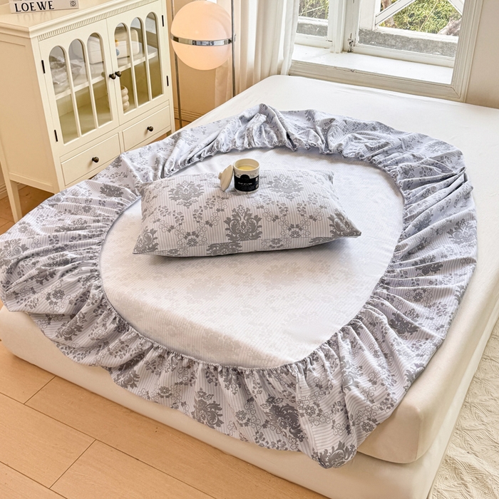 91家纺网 家纺一手货源 找家纺 韩巢家纺 2025新款全棉纯棉田园小清新花卉老粗布席子凉席夏季凉席席子床笠款床套 花开富贵-灰