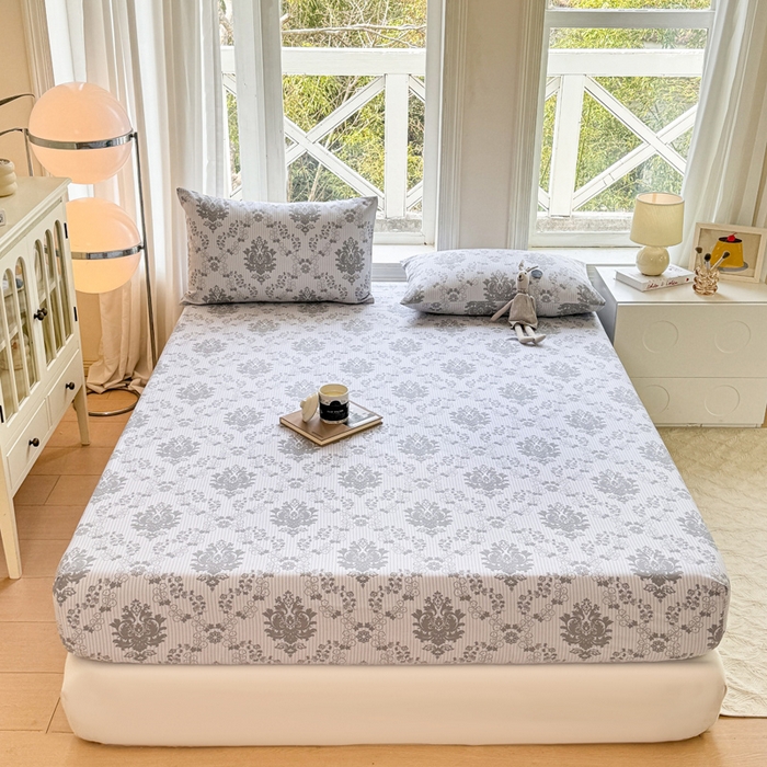 91家纺网 家纺一手货源 找家纺 韩巢家纺 2025新款全棉纯棉田园小清新花卉老粗布席子凉席夏季凉席席子床笠款床套 花开富贵-灰