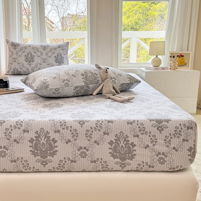 91家纺网 家纺一手货源 找家纺 韩巢家纺 2025新款全棉纯棉田园小清新花卉老粗布席子凉席夏季凉席席子床笠款床套 花开富贵-灰