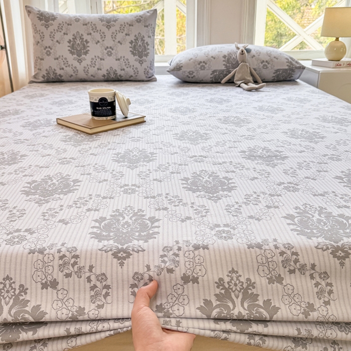 91家纺网 家纺一手货源 找家纺 韩巢家纺 2025新款全棉纯棉田园小清新花卉老粗布席子凉席夏季凉席席子床笠款床套 花开富贵-灰