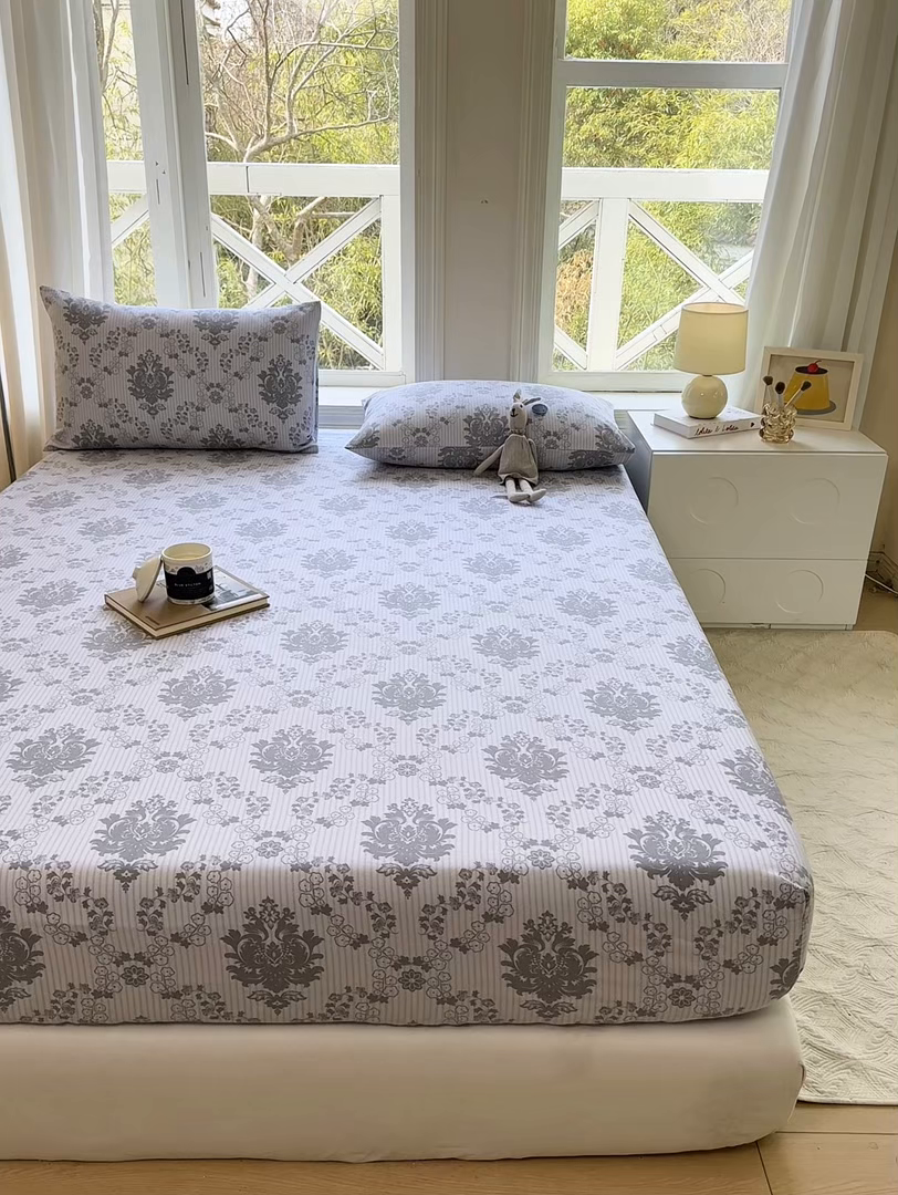 91家纺网 家纺一手货源 找家纺 韩巢家纺 2025新款全棉纯棉田园小清新花卉老粗布席子凉席夏季凉席席子床笠款床套 花开富贵-灰