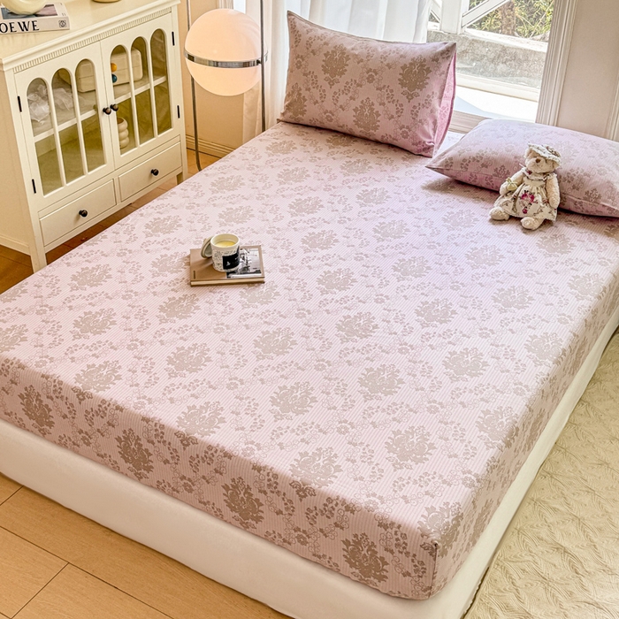 91家纺网 家纺一手货源 找家纺 韩巢家纺 2025新款全棉纯棉田园小清新花卉老粗布席子凉席夏季凉席席子床笠款床套 花开富贵-驼