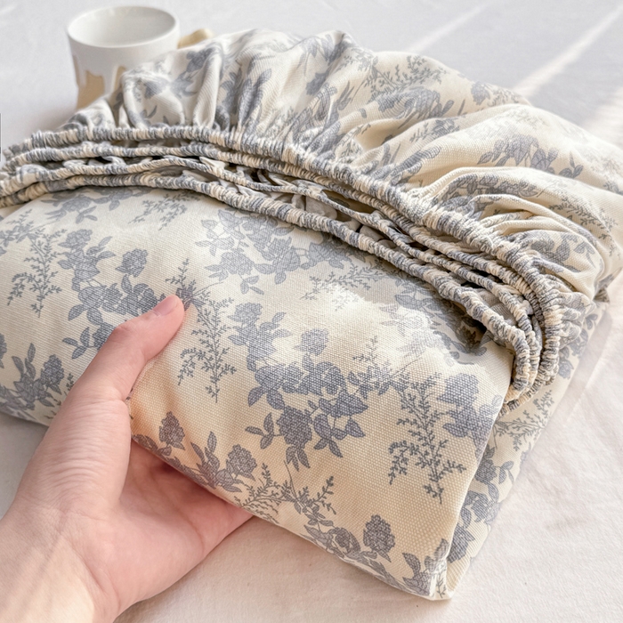 91家纺网 家纺一手货源 找家纺 韩巢家纺 2025新款全棉纯棉田园小清新花卉老粗布席子凉席夏季凉席席子床笠款床套 蓝莲花