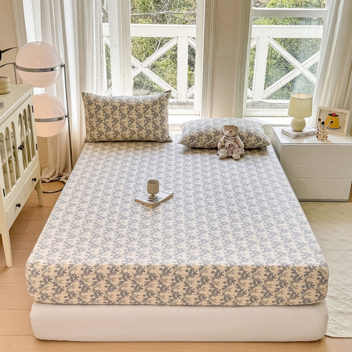 91家纺网 家纺一手货源 找家纺 韩巢家纺 2025新款全棉纯棉田园小清新花卉老粗布席子凉席夏季凉席席子床笠款床套 蓝莲花