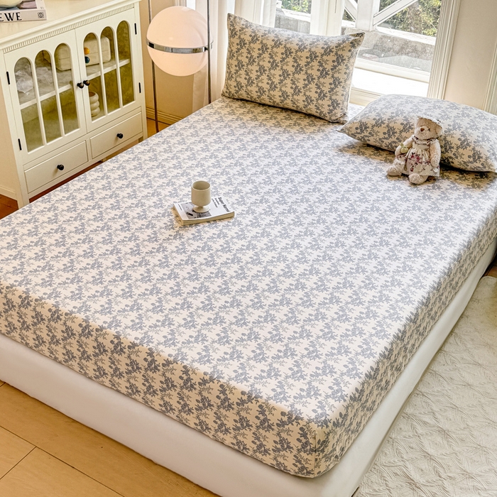 91家纺网 家纺一手货源 找家纺 韩巢家纺 2025新款全棉纯棉田园小清新花卉老粗布席子凉席夏季凉席席子床笠款床套 蓝莲花