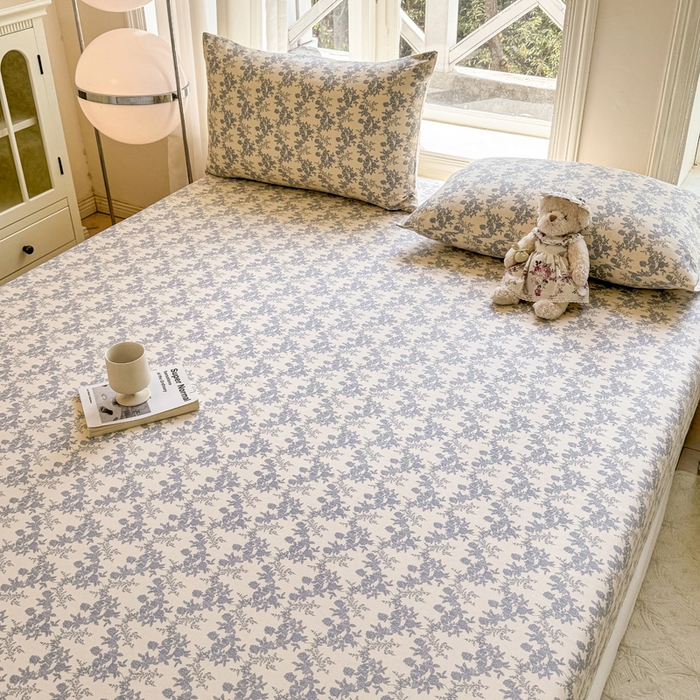 91家纺网 家纺一手货源 找家纺 韩巢家纺 2025新款全棉纯棉田园小清新花卉老粗布席子凉席夏季凉席席子床笠款床套 蓝莲花