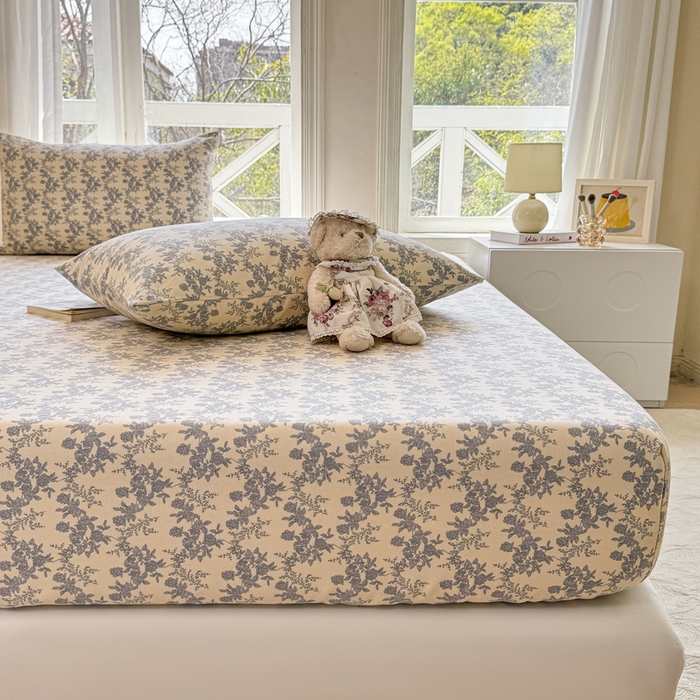 91家纺网 家纺一手货源 找家纺 韩巢家纺 2025新款全棉纯棉田园小清新花卉老粗布席子凉席夏季凉席席子床笠款床套 蓝莲花