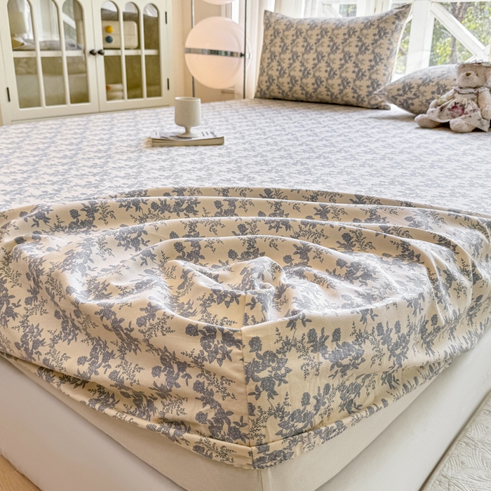 91家纺网 家纺一手货源 找家纺 韩巢家纺 2025新款全棉纯棉田园小清新花卉老粗布席子凉席夏季凉席席子床笠款床套 蓝莲花