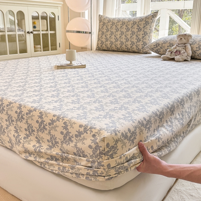 91家纺网 家纺一手货源 找家纺 韩巢家纺 2025新款全棉纯棉田园小清新花卉老粗布席子凉席夏季凉席席子床笠款床套 蓝莲花