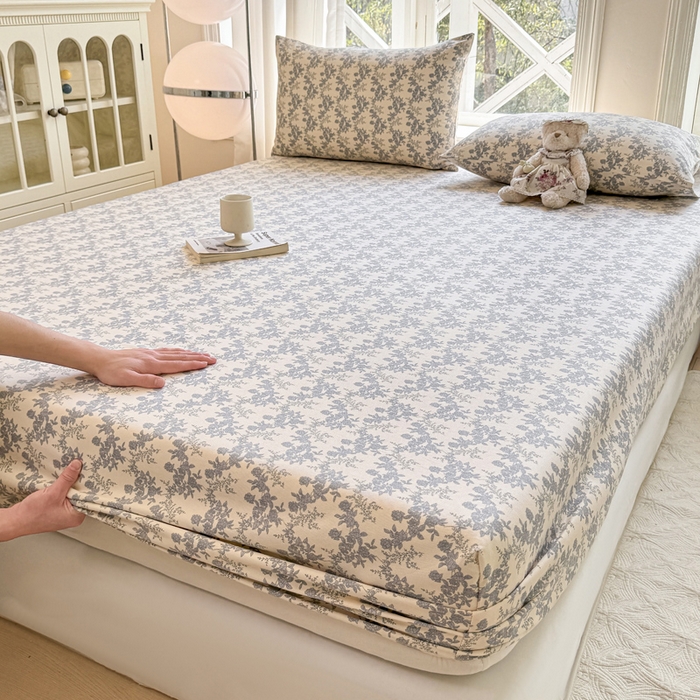 91家纺网 家纺一手货源 找家纺 韩巢家纺 2025新款全棉纯棉田园小清新花卉老粗布席子凉席夏季凉席席子床笠款床套 蓝莲花