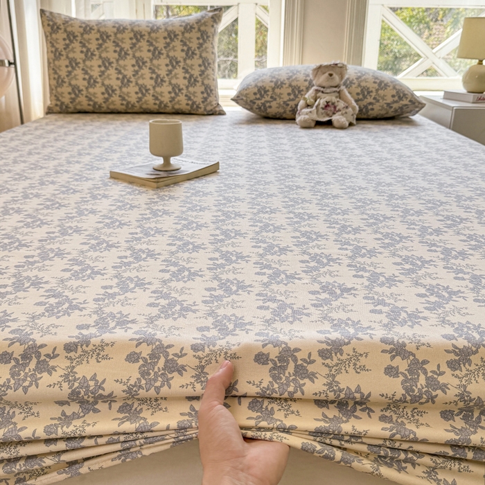 91家纺网 家纺一手货源 找家纺 韩巢家纺 2025新款全棉纯棉田园小清新花卉老粗布席子凉席夏季凉席席子床笠款床套 蓝莲花