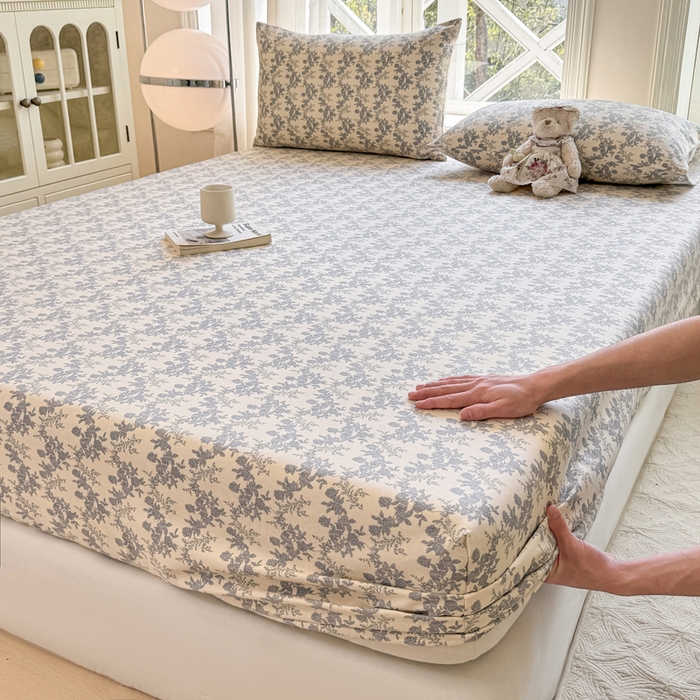 91家纺网 家纺一手货源 找家纺 韩巢家纺 2025新款全棉纯棉田园小清新花卉老粗布席子凉席夏季凉席席子床笠款床套 蓝莲花