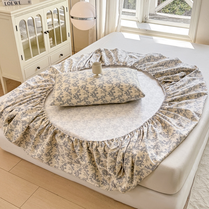 91家纺网 家纺一手货源 找家纺 韩巢家纺 2025新款全棉纯棉田园小清新花卉老粗布席子凉席夏季凉席席子床笠款床套 蓝莲花