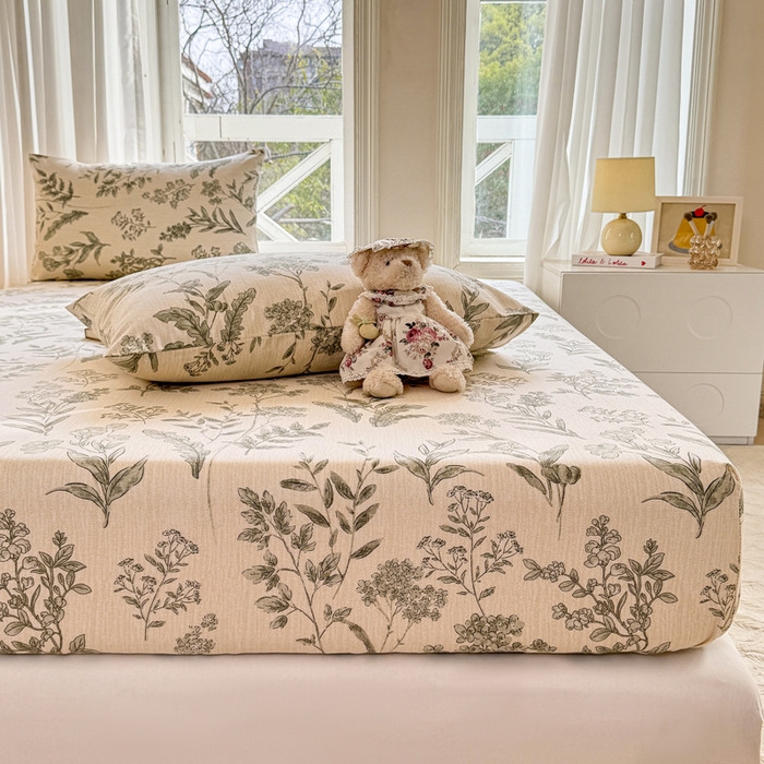 91家纺网 家纺一手货源 找家纺 韩巢家纺 2025新款全棉纯棉田园小清新花卉老粗布席子凉席夏季凉席席子床笠款床套 绿野