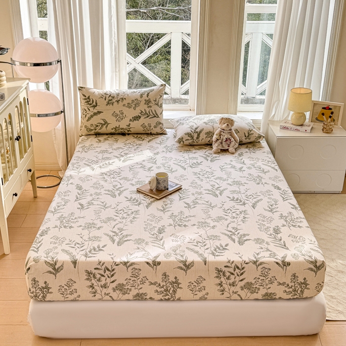 91家纺网 家纺一手货源 找家纺 韩巢家纺 2025新款全棉纯棉田园小清新花卉老粗布席子凉席夏季凉席席子床笠款床套 绿野