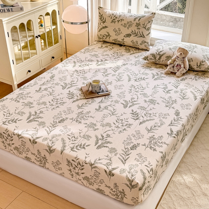 91家纺网 家纺一手货源 找家纺 韩巢家纺 2025新款全棉纯棉田园小清新花卉老粗布席子凉席夏季凉席席子床笠款床套 绿野