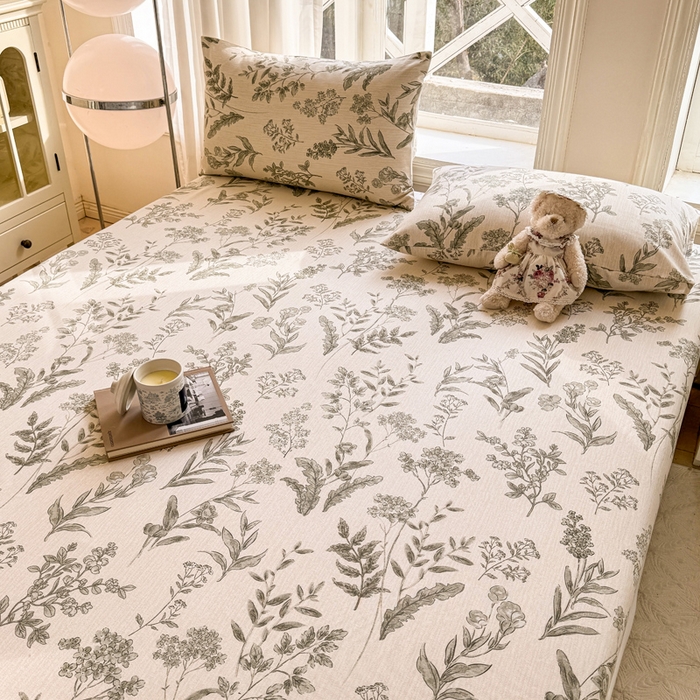 91家纺网 家纺一手货源 找家纺 韩巢家纺 2025新款全棉纯棉田园小清新花卉老粗布席子凉席夏季凉席席子床笠款床套 绿野