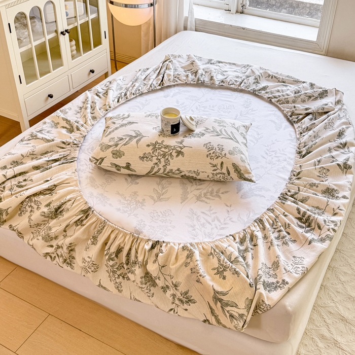 91家纺网 家纺一手货源 找家纺 韩巢家纺 2025新款全棉纯棉田园小清新花卉老粗布席子凉席夏季凉席席子床笠款床套 绿野