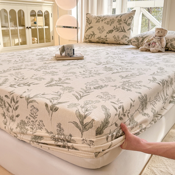 91家纺网 家纺一手货源 找家纺 韩巢家纺 2025新款全棉纯棉田园小清新花卉老粗布席子凉席夏季凉席席子床笠款床套 绿野