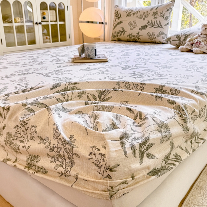 91家纺网 家纺一手货源 找家纺 韩巢家纺 2025新款全棉纯棉田园小清新花卉老粗布席子凉席夏季凉席席子床笠款床套 绿野