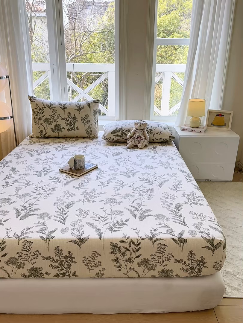 91家纺网 家纺一手货源 找家纺 韩巢家纺 2025新款全棉纯棉田园小清新花卉老粗布席子凉席夏季凉席席子床笠款床套 绿野