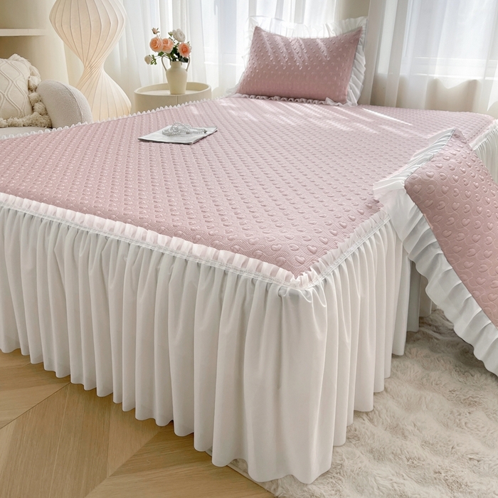 91家纺网 家纺一手货源 找家纺 怡源梦 2025新款A类高分子凉感凉席床裙款-心动系列 粉色