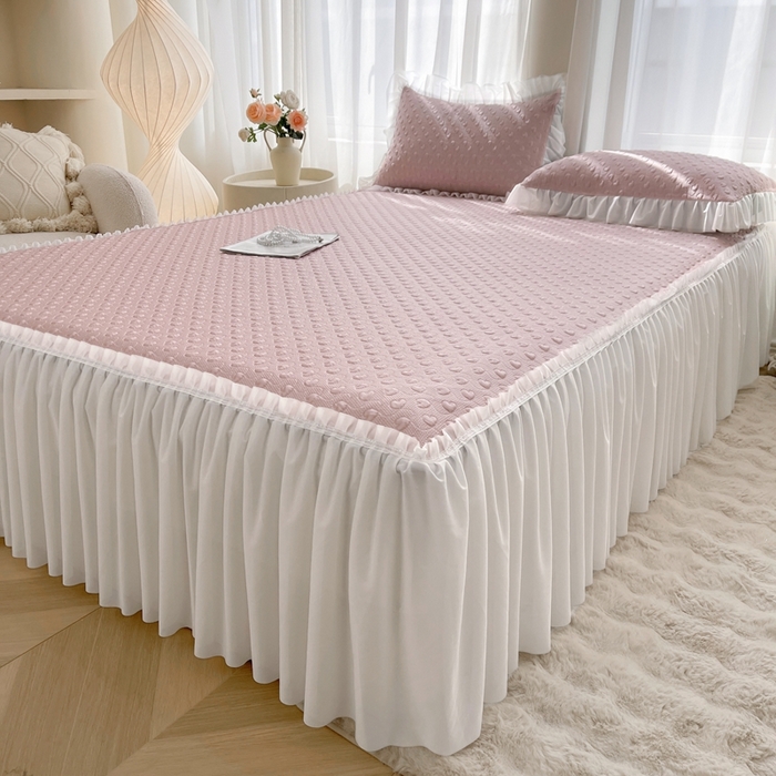 91家纺网 家纺一手货源 找家纺 怡源梦 2025新款A类高分子凉感凉席床裙款-心动系列 粉色