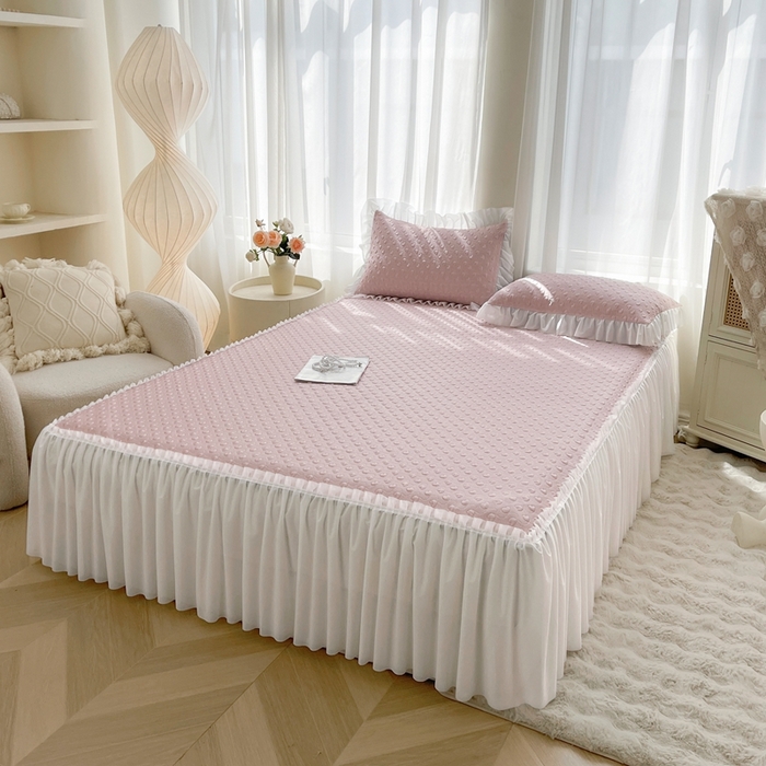 91家纺网 家纺一手货源 找家纺 怡源梦 2025新款A类高分子凉感凉席床裙款-心动系列 粉色