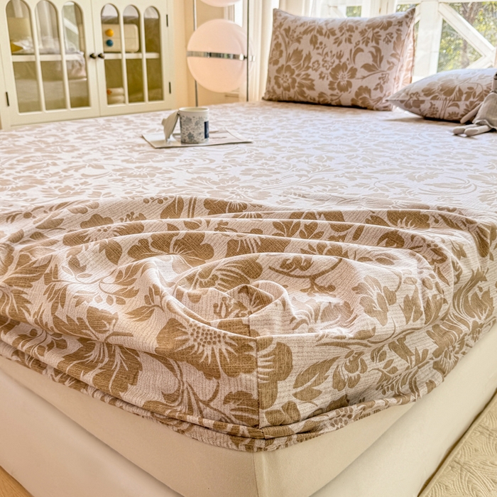 91家纺网 家纺一手货源 找家纺 韩巢家纺 2025新款全棉纯棉田园小清新花卉老粗布席子凉席夏季凉席席子床笠款床套 青花-黄