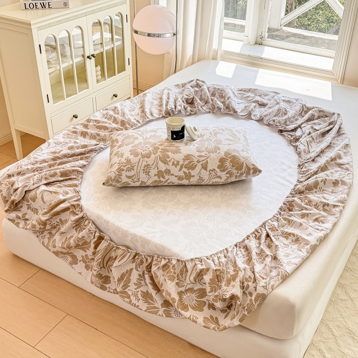 91家纺网 家纺一手货源 找家纺 韩巢家纺 2025新款全棉纯棉田园小清新花卉老粗布席子凉席夏季凉席席子床笠款床套 青花-黄