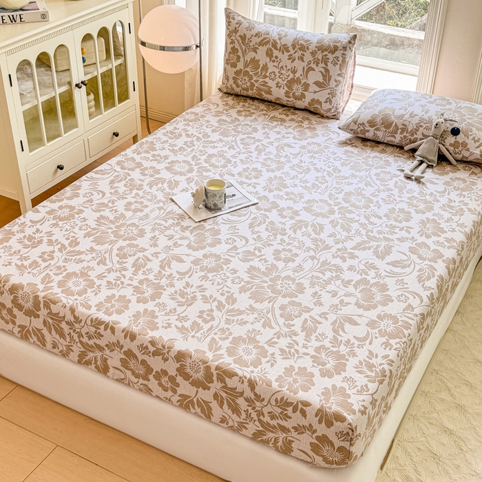 91家纺网 家纺一手货源 找家纺 韩巢家纺 2025新款全棉纯棉田园小清新花卉老粗布席子凉席夏季凉席席子床笠款床套 青花-黄