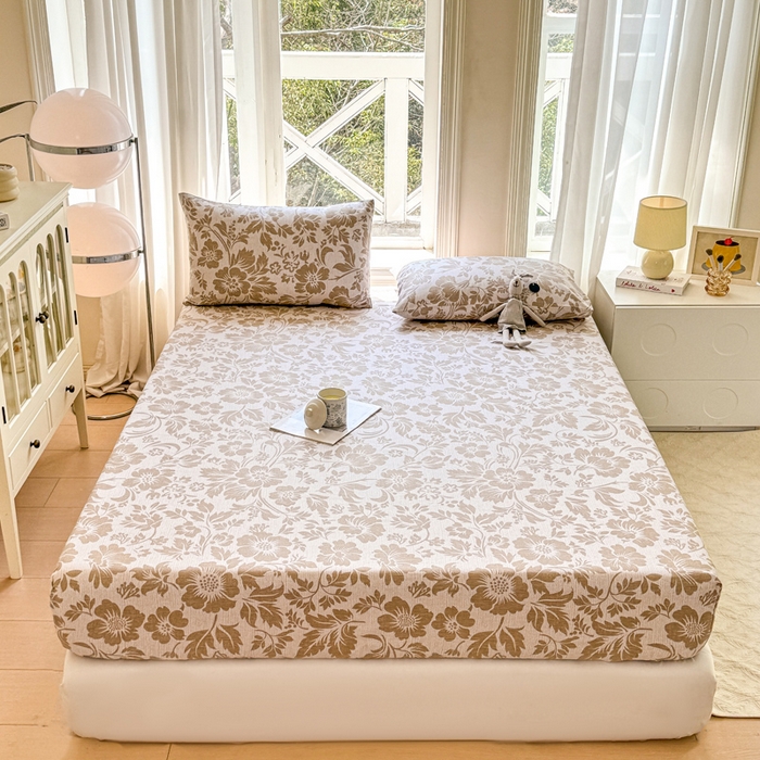 91家纺网 家纺一手货源 找家纺 韩巢家纺 2025新款全棉纯棉田园小清新花卉老粗布席子凉席夏季凉席席子床笠款床套 青花-黄