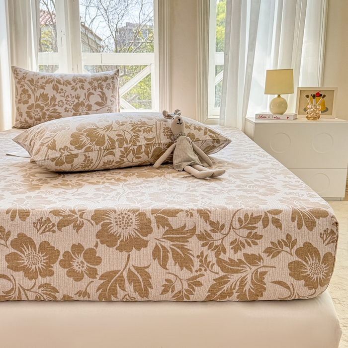 91家纺网 家纺一手货源 找家纺 韩巢家纺 2025新款全棉纯棉田园小清新花卉老粗布席子凉席夏季凉席席子床笠款床套 青花-黄