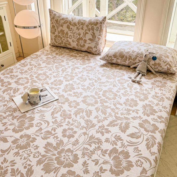 91家纺网 家纺一手货源 找家纺 韩巢家纺 2025新款全棉纯棉田园小清新花卉老粗布席子凉席夏季凉席席子床笠款床套 青花-黄