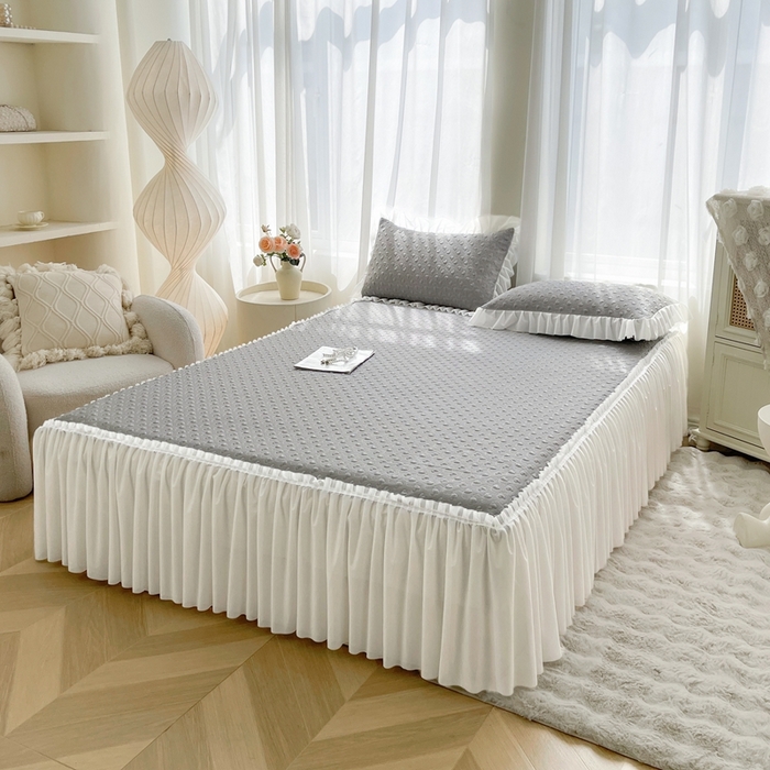 91家纺网 家纺一手货源 找家纺 怡源梦 2025新款A类高分子凉感凉席床裙款-心动系列 灰色