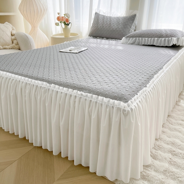 91家纺网 家纺一手货源 找家纺 怡源梦 2025新款A类高分子凉感凉席床裙款-心动系列 灰色