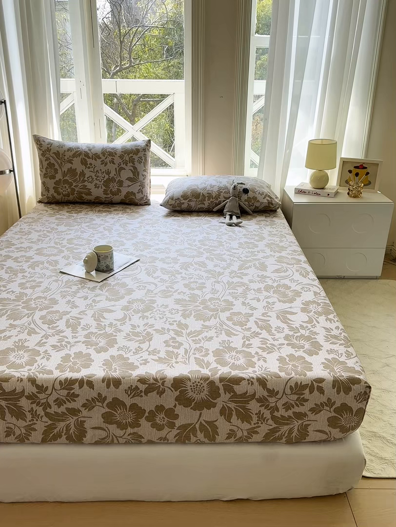 91家纺网 家纺一手货源 找家纺 韩巢家纺 2025新款全棉纯棉田园小清新花卉老粗布席子凉席夏季凉席席子床笠款床套 青花-黄