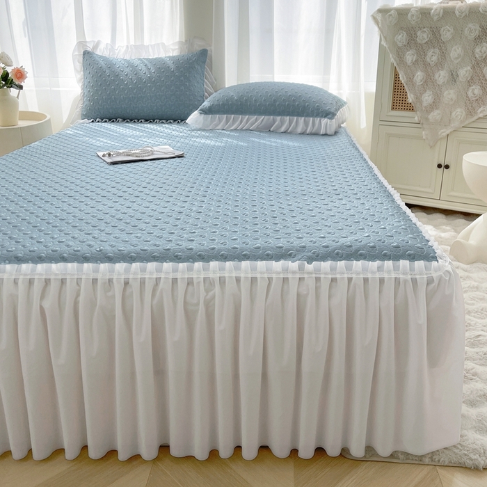 91家纺网 家纺一手货源 找家纺 怡源梦 2025新款A类高分子凉感凉席床裙款-心动系列 兰色