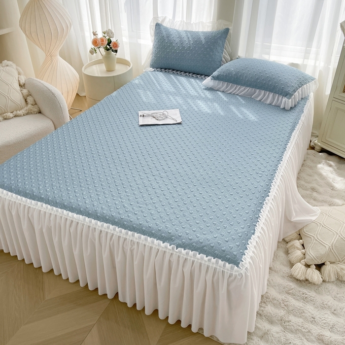 91家纺网 家纺一手货源 找家纺 怡源梦 2025新款A类高分子凉感凉席床裙款-心动系列 兰色