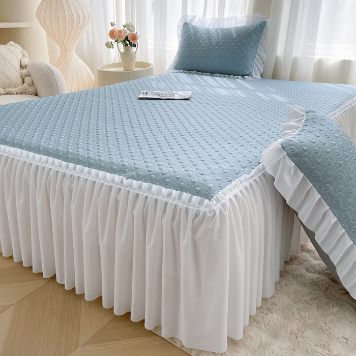 91家纺网 家纺一手货源 找家纺 怡源梦 2025新款A类高分子凉感凉席床裙款-心动系列 兰色