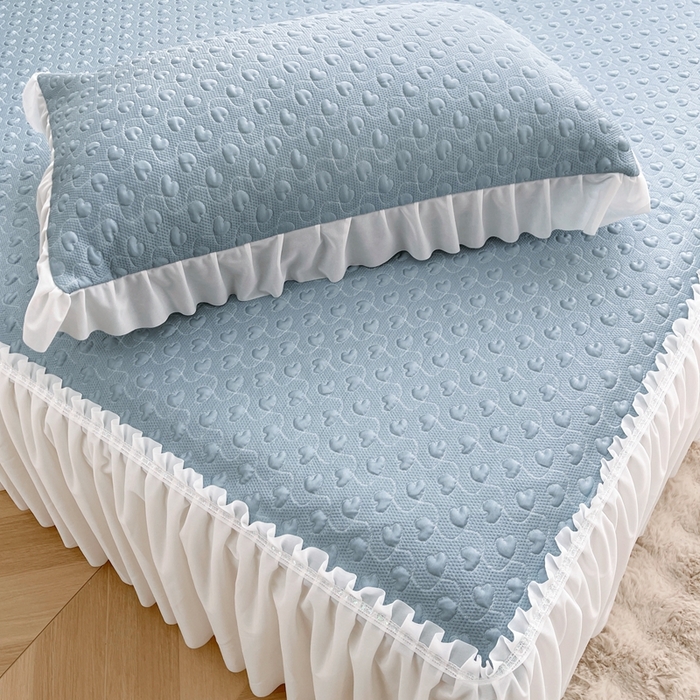 91家纺网 家纺一手货源 找家纺 怡源梦 2025新款A类高分子凉感凉席床裙款-心动系列 兰色