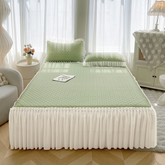 91家纺网 家纺一手货源 找家纺 怡源梦 2025新款A类高分子凉感凉席床裙款-心动系列 绿色