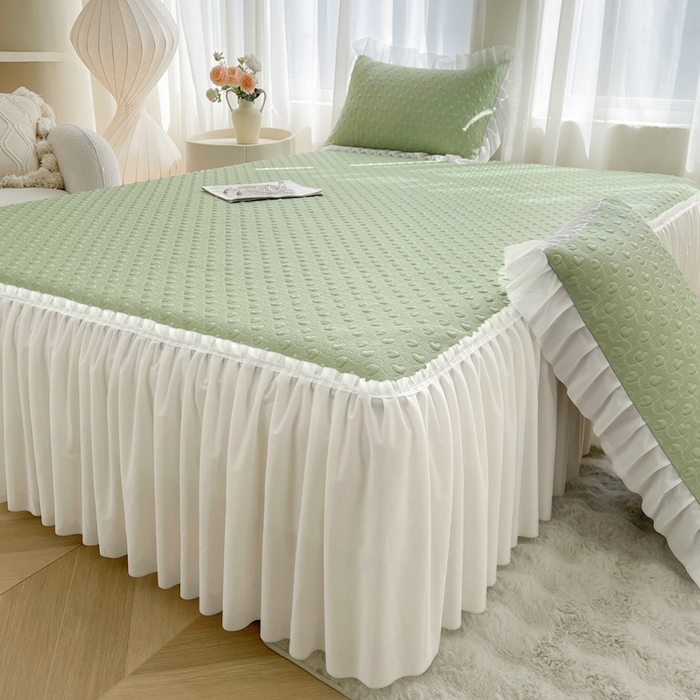 91家纺网 家纺一手货源 找家纺 怡源梦 2025新款A类高分子凉感凉席床裙款-心动系列 绿色