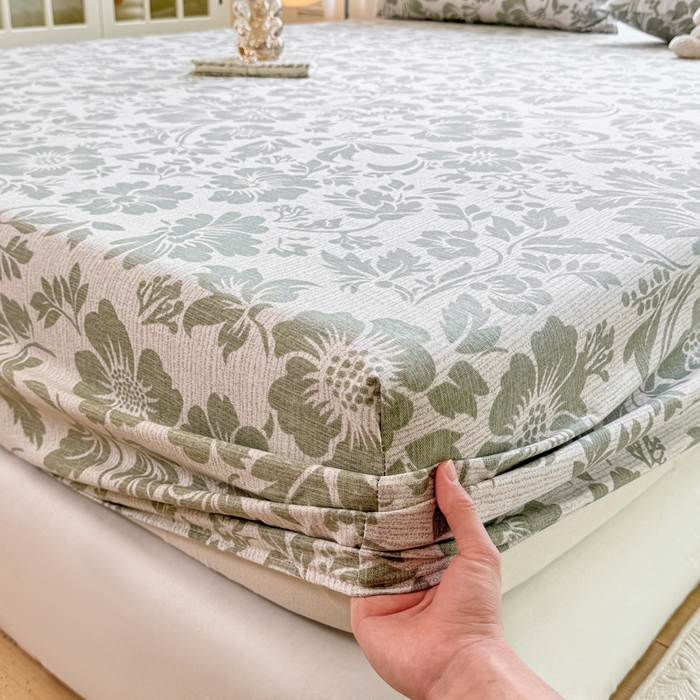 91家纺网 家纺一手货源 找家纺 韩巢家纺 2025新款全棉纯棉田园小清新花卉老粗布席子凉席夏季凉席席子床笠款床套 青花-绿