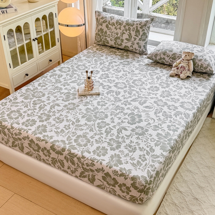 91家纺网 家纺一手货源 找家纺 韩巢家纺 2025新款全棉纯棉田园小清新花卉老粗布席子凉席夏季凉席席子床笠款床套 青花-绿