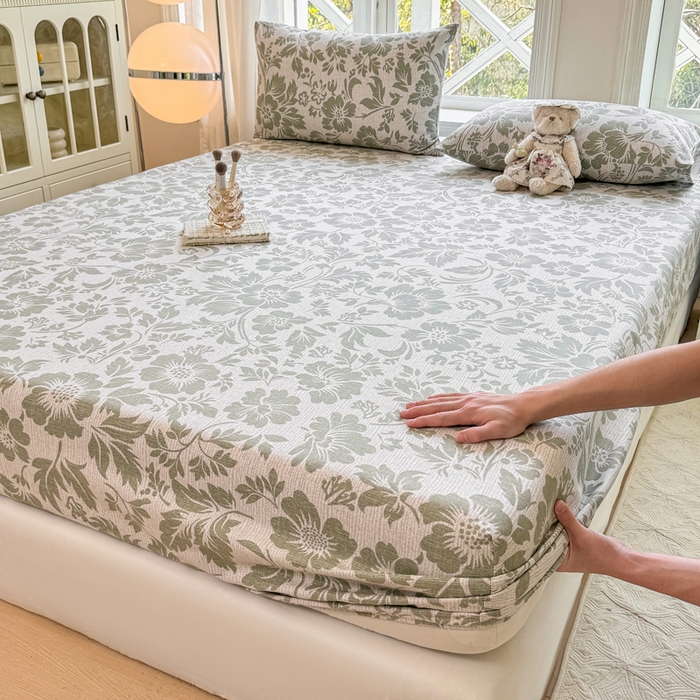 91家纺网 家纺一手货源 找家纺 韩巢家纺 2025新款全棉纯棉田园小清新花卉老粗布席子凉席夏季凉席席子床笠款床套 青花-绿