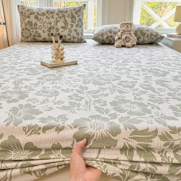 91家纺网 家纺一手货源 找家纺 韩巢家纺 2025新款全棉纯棉田园小清新花卉老粗布席子凉席夏季凉席席子床笠款床套 青花-绿