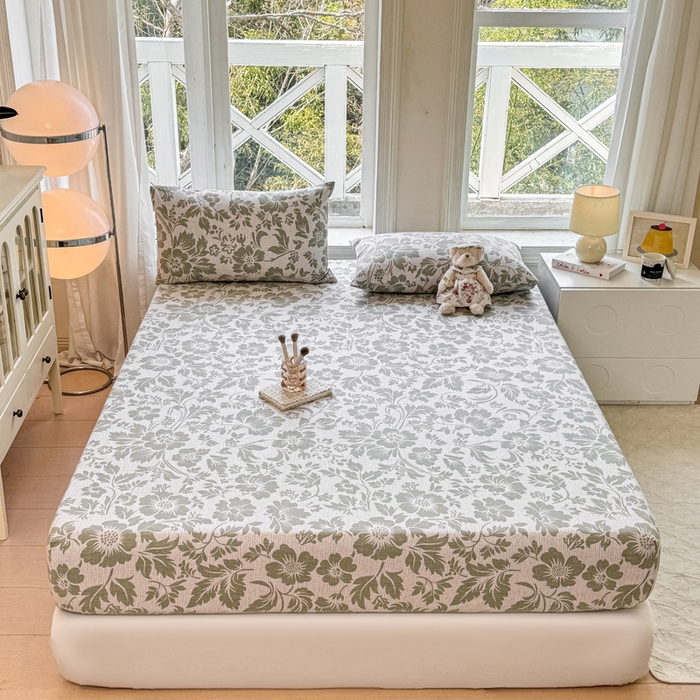 91家纺网 家纺一手货源 找家纺 韩巢家纺 2025新款全棉纯棉田园小清新花卉老粗布席子凉席夏季凉席席子床笠款床套 青花-绿